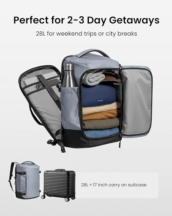 tomtoc Travel Backpack 28L, TSA Friendly Flight Approved Carry-on Luggage Hand Water-resistant Lightweight Business Rucksack, Durable Bag Fits 16 Inch Laptop