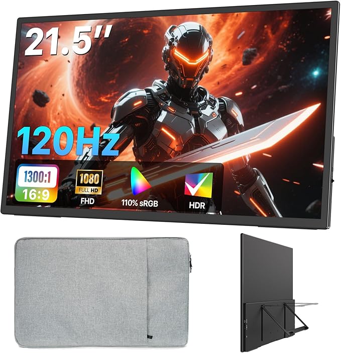 Portable Monitor 21.5" FHD 110% sRGB 120Hz IPS HDR HDMI USB-C Travel Monitor for Laptop MacBook PC Surface PS5 Xbox, Large External Display with Kickstand & Speakers, VESA Compatible
