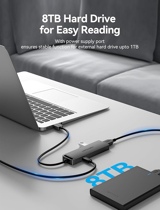 VENTION USB 3.0 Hub for Laptop- Multi USB Port Splitter, Ultra-Slim USB Extender Adapter, 4 Ports Fast Data Transfer for Laptop, MacBook, Printer, PS4, PC, Flash Drive, HDD, Wireless Mouse/Keyboard