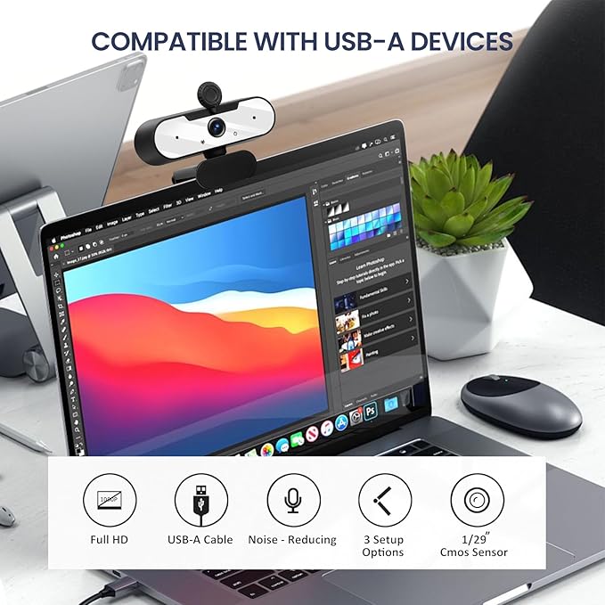 USB HD 1080P Video Webcam and Wide Angle Camera with Built-in Microphone and Rotatable Tripod,for Laptop Computer or Desktop PC,Great for Live Streaming.Calls.Video Conferencing(White)