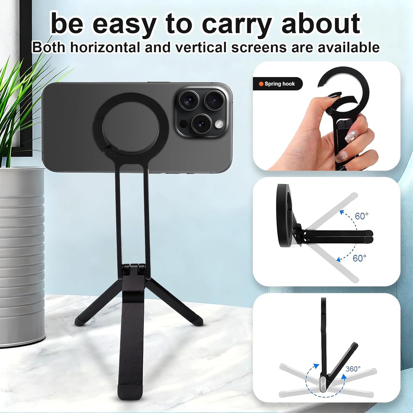 Portable Phone Holder Mini Tripod for Magnetic Tripod with Strong Magnet, 5 in 1 Portable Pocket Size, Tripods with 180° Rotation for Content Creation, Streaming, Photography