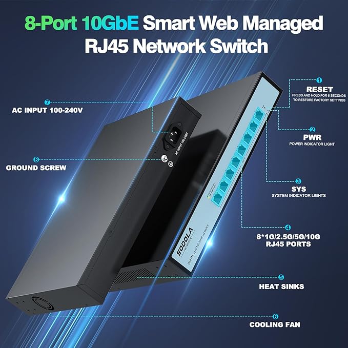 8 Port 10Gb Easy Web Managed Switch, 8 x 10G RJ-45 Ports, 160Gbps Bandwidth, Support LACP, VLAN, QoS, 10G/5G/2.5G/1000M/100M Auto-Negotiation, Multi-Gigabit Managed Ethernet Switch