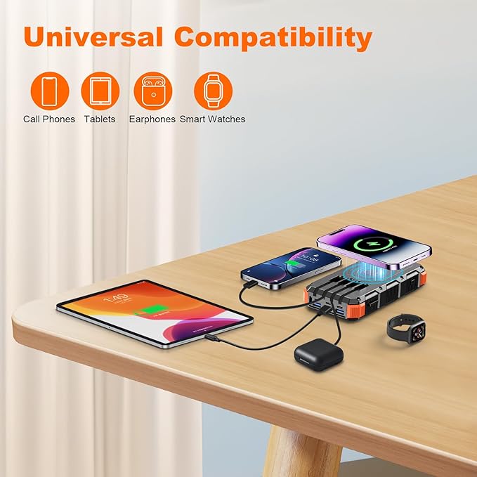 Solar Charger Power Bank 49800mAh Wireless Charger QC 3.0 Fast Charging Power Bank 8 Outputs 4 Inputs Solar Portable Charger Compatible with All Mobile Devices,SOS/Strobe/Strong Flashlights (orange)