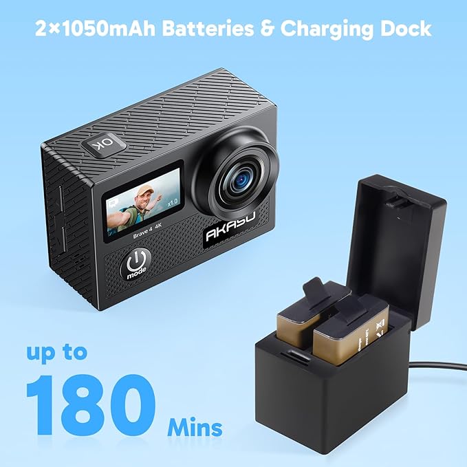 AKASO Brave 4 Action Camera 4K 30fps with 64GB MicroSD U3 Card Bicycle Helmet Accessories Kit Bundle, 20MP Ultra HD 131FT Waterproof Underwater Camera EIS WiFi Remote Control 5X Zoom Sport Cameras