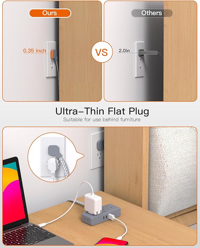 Extension Cord 10 ft, BESHON Flat Plug Power Strip, 4 Widely Outlets with 3 USB Ports (2 USB C), Extension Cord with Multiple Outlets for Home, Office, Dorm Room Essentials Gray