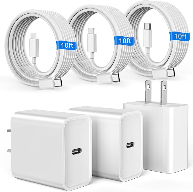 iPhone 17 16 15 Charger Fast Charging, 3 Pack PD 20W USB C Charger with 10FT Cord, USB C Cable Type C Chargers Block for iPhone 17/17 Pro/17 Pro Max/16/16 Plus/16 Pro/16 Pro Max/15/15 Pro（White）
