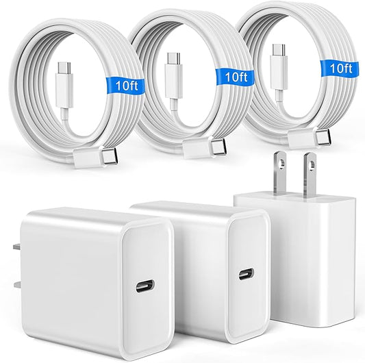 iPhone 17 16 15 Charger Fast Charging, 3 Pack PD 20W USB C Charger with 10FT Cord, USB C Cable Type C Chargers Block for iPhone 17/17 Pro/17 Pro Max/16/16 Plus/16 Pro/16 Pro Max/15/15 Pro（White）