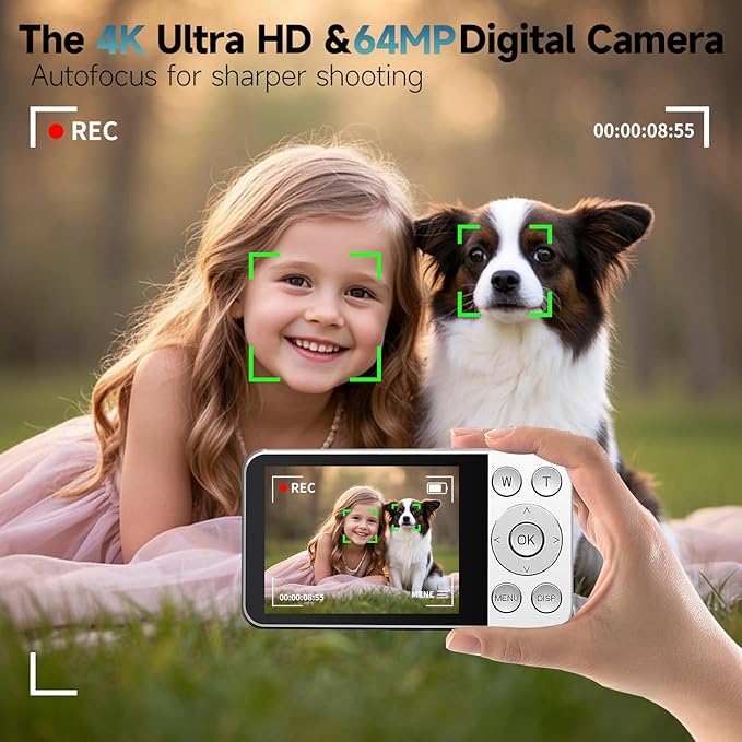 Digital Camera, Autofocus 4K 64MP Point and Shoot Digital Cameras for Teens with 64GB Card, 18X Zoom Anti-Shake Compact Video Camera for Student Kids Boys Girls Beginner - White
