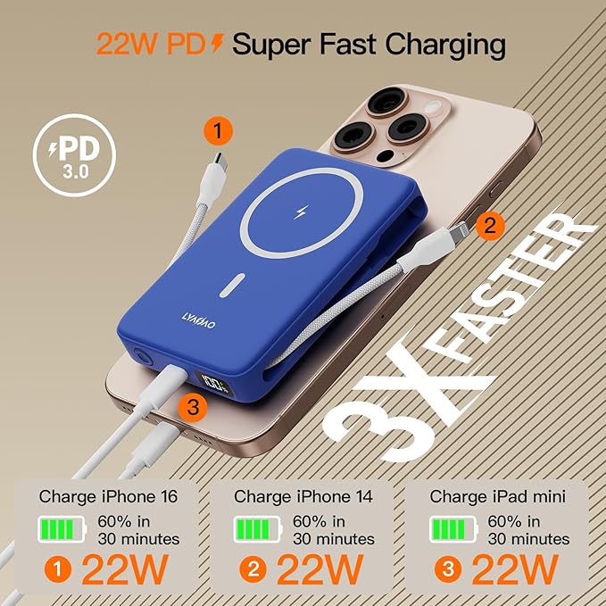 2025 Magnetic Battery Pack 16800mAh Mobile Power Bank, Portable Charger with Foldable Stand and Built-in Cable, 20W USB-C Fast Charging, Suitable for iPhone 17/16/15/14/13/12 Series