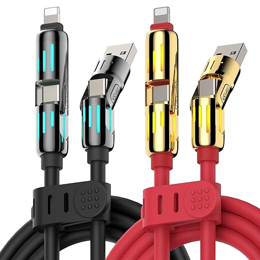 MFish 240W 4-in-1 Universal USB Charging Cable [2 Pack, 6.6ft] – Fast Charger Cord with USB-A, Dual USB-C & Lighting, for iPhone 14/15/16/17 Series, iPad & MacBook & More (2PACK, Black+Red, 6.6Ft)