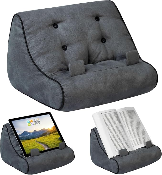 Gifts for Readers & Writers Book Pillow Tablet Stand for Bed Grey - Premium Cushioned Book Holder for Hands Free Reading, Stylish Tablet Holder for Bed, Kindle Pillow Stands & Lap Ipad Holders