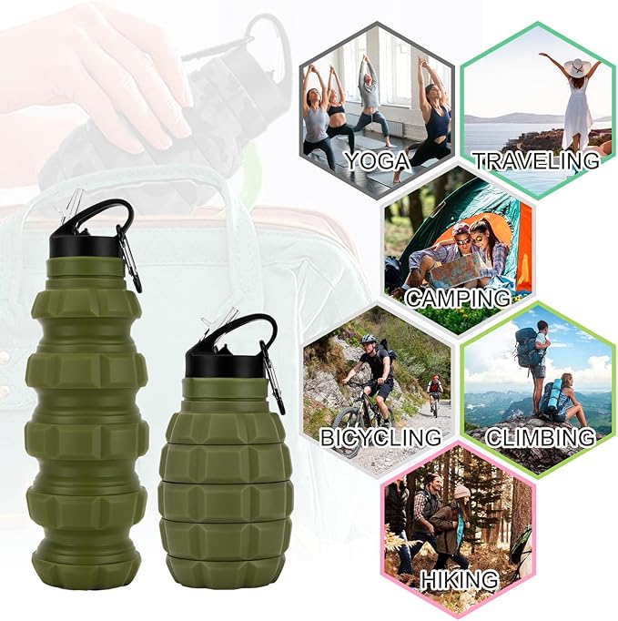 QiCheng&LYS Collapsible Water Bottle Sports Bottle 19.5OZ/580ml Travel Water Bottle for men women kids. BPA Free Food Grade Silicone. (Army green)