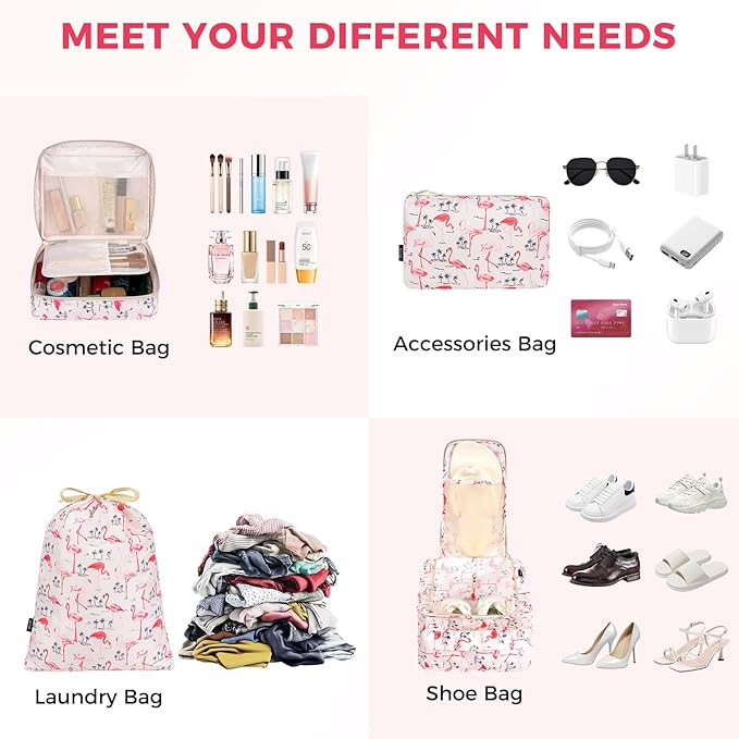 BAGAIL 8 Set Packing Cubes Luggage Packing Organizer Bags for Travel Accessories-Pink Flamingo