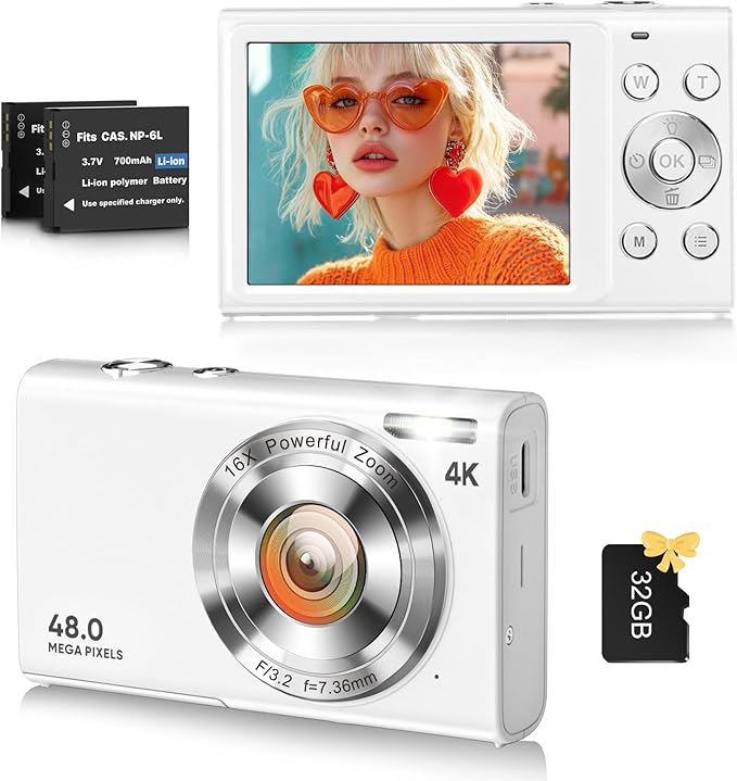 Digital Camera, 4K Vlogging Camera for YouTube Autofocus Cameras for Photography with 16X Digital Zoom, 48MP Compact Point and Shoot Digital Camera for Teens Adult with 32GB SD Card, 2 Batteries-White