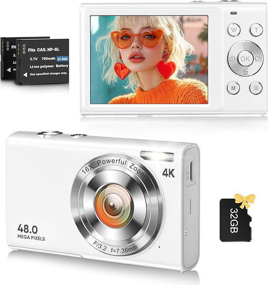 Digital Camera, 4K Vlogging Camera for YouTube Autofocus Cameras for Photography with 16X Digital Zoom, 48MP Compact Point and Shoot Digital Camera for Teens Adult with 32GB SD Card, 2 Batteries-White