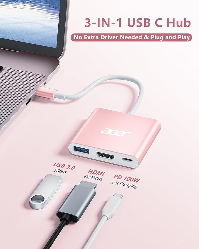 Acer USB C Hub, 3 in 1 USB C to HDMI Multi-Port Adapter,with 5Gbps USB 3.0 GEN1 Data Port, 4K HDMI Port and PD Max 100W Charging for USB C Phones, Tablets, iPad Pro, MacBook Pro, Acer Laptops and More