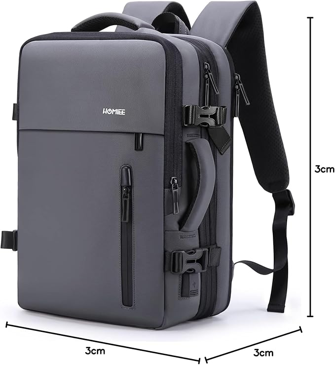 HOMIEE Carry on Backpack Extra Large Travel Bag, Expandable Hand Luggage Suitcase Anti-Theft Business Backpack, Water Resistant Lightweight Weekender Bag, Grey