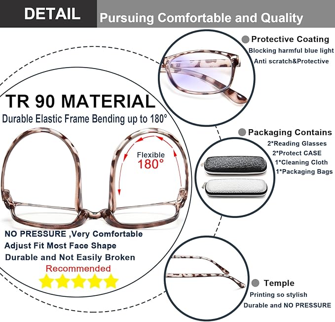 EYEURL Reading Glasses Womens Blue Light Blocking - 2 Pack Lightweight Computer Readers +0.5 Glare Blocking Ladies Eyeglass