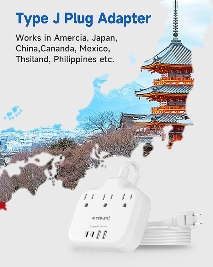 US to Japan Adapter, meta-ant 2 Prong to 3 Prong Outlet Adapter with 3 Outlets & 4 USB(2 USB-C), 5FT Extension Cord, 180 Rotating Flat Plug 1875W, Type A Plug Adapter for USA to Japanese China Canada