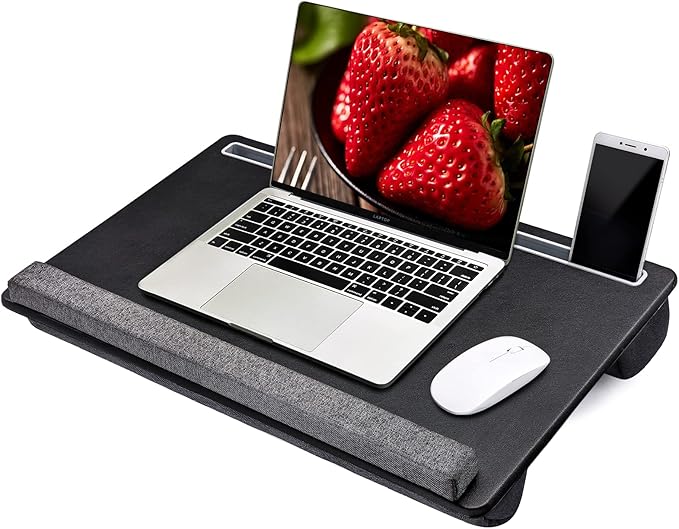 Extra Large Lap Laptop Desk - Full PU Material Mouse Pad Gaming Tray - Portable LapDesk with Phone Holder & Wrist Rest for Notebook, MacBook, Tablet, Bed, Sofa(Black, Fit Up 17.3-in Laptops)