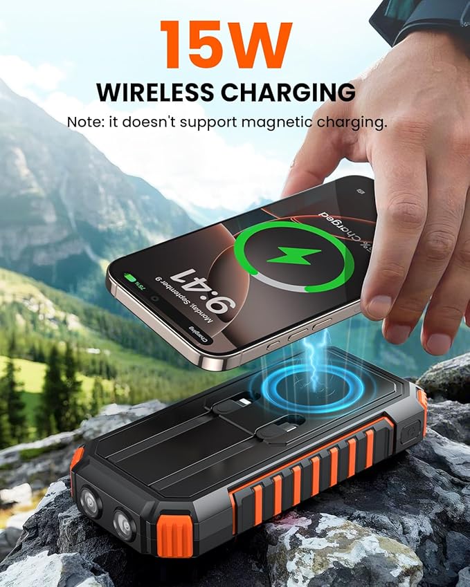 Riapow Solar Power Bank 27000mAh/99000mWh - Wireless Portable Solar Charger Built in Cables - 22.5W Fast Charging Battery Bank with USB C - PD QC External Battery Pack for Phone Flashlight for Outdoor