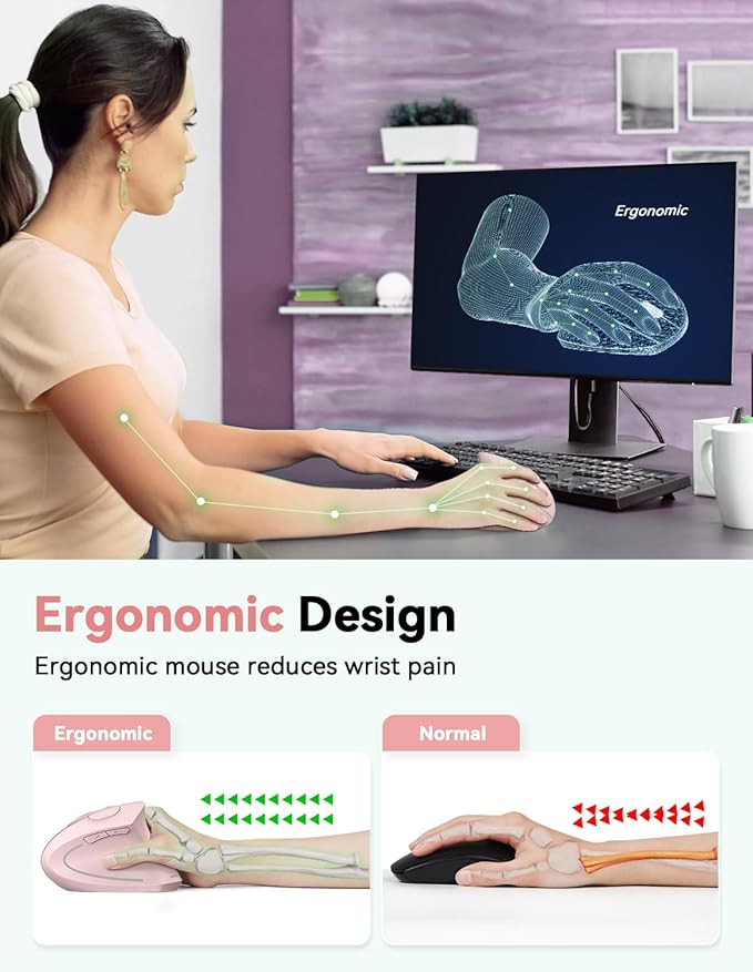 TECKNET Ergonomic Wireless Vertical Mouse - 4800 DPI, 5 Adjustable Levels, 2.4GHz Optical, 6 Buttons for Carpal Tunnel - Laptop, Desktop, PC, MacBook Compatible - Pink