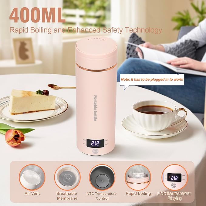 Travel Electric Kettle Portable Mini Kettle,Small Hot Water Boiler with 4 Temperature Settings,304 Stainless Steel,Fast Boiling Water with Auto Shut-Off and Boil Dry Protection (Pink, 400ml)