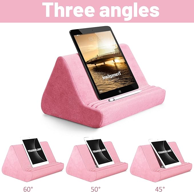 Soft Tablet Stand Pillow with Pocket,Adjustable 3 Viewing Angle,Lazy Holder for Bed Sofa,Compatible with iPads Tablets eReaders Smartphones Books Magazines (Light Pink)