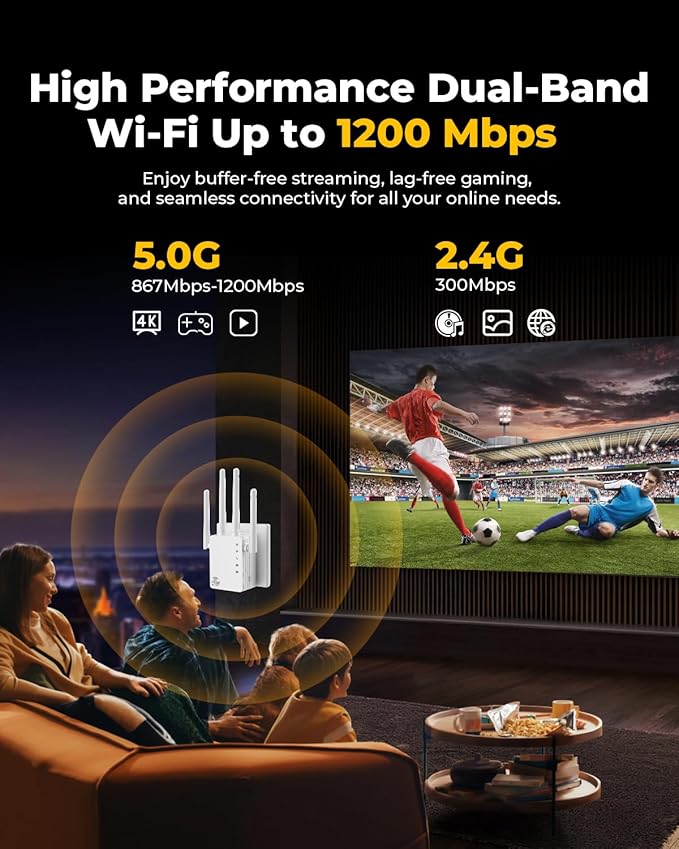WiFi Extender with Ethernet Port, 1200Mbps Dual Band (5GHz/2.4GHz) WiFi Booster.Covers Up to 12880 Sq.ft,Supports 105 Devices, Easy Setup Signal Booster, EasyMesh Compatible, Four Directional Antennas
