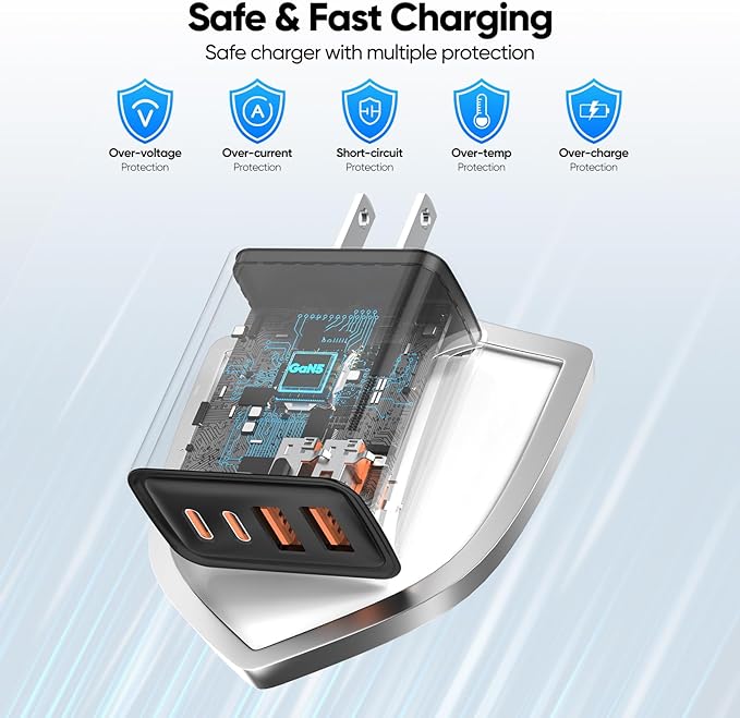 [2-Pack] USB C Wall Charger,80W 4-Port Type C Fast Charging Block,USBC Multiport Wall Plug PD&QC GaN Charging Cube with USB C Cable for iPhone 17/16/15/14/13/12/11/Pro Max/XS/XR, iPad, Samsung（Black