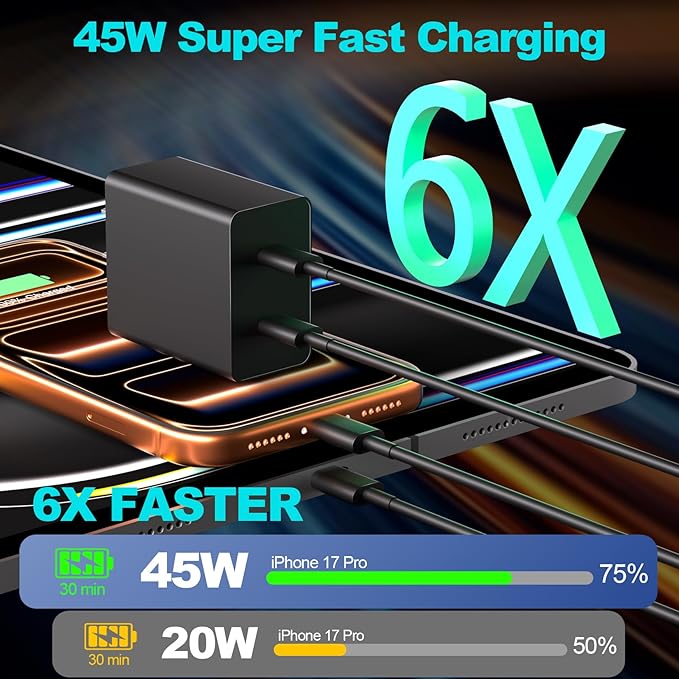 USB C Charger for iPhone 17 16 15,45W Dual Type C Charger Fast Charging Block,2Pack Quick Type C Phone Chargers 6FT Long USB C Charging Cord for iPhone 17 Pro/17 ProMax/17 Air/16 ProMax/16e/15/15 Plus