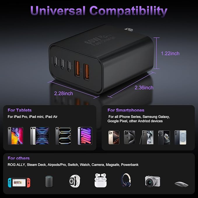 USB C Fast Wall Charger Block, 2Pack 60W USBC Charging Cubes, 5-Port PD+QC Power Adapter Multiport Brick Type C Box Plug for Phone 16/15/14/13/12/11/Pro Max/Plus, Pad Mini/Pro/S25/S24-Black