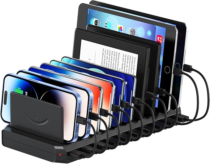 USB Charging Station for Multiple Devices, 10 Port 60W Multiple USB Charger Station with Adjustable Dividers, Fast Charging Station Hub for Hotels, Shops, Schools, Shopping Malls and Travel