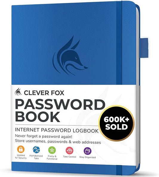Clever Fox Password Book with alphabetical tabs. Internet Address Organizer Logbook. Small Pocket Password Keeper for Website Logins (Royal Blue)