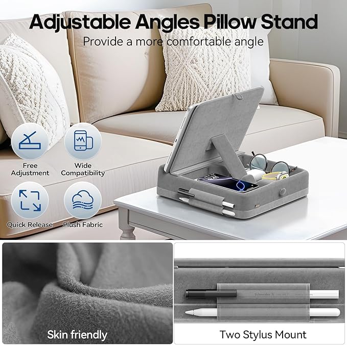 KDD Tablet Pillow Stand with Storage, Foldable Ipad Holder for Bed, Lap and Desk, Angle Adjustable Soft Pad Dock with Stylus Mount Compatible with Ipad Pro 12.9, 10.5, 11, Air, Mini, Phones, Books