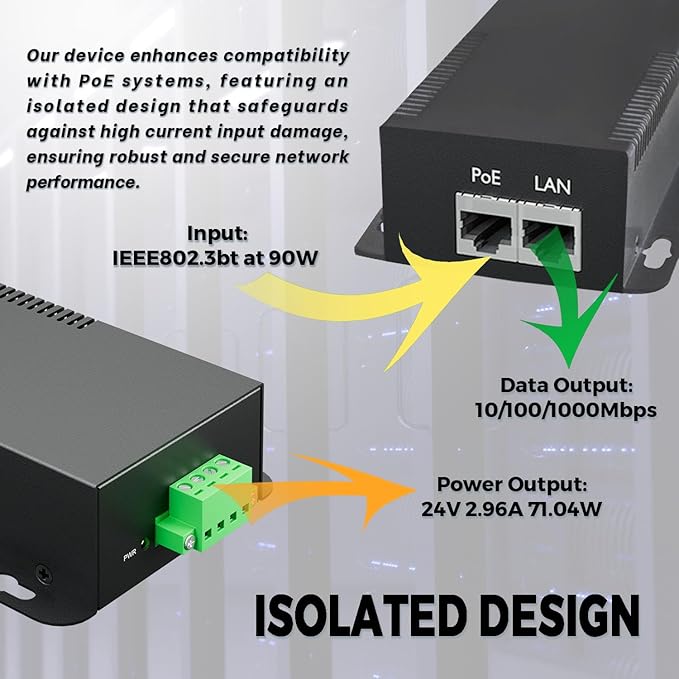 PROCET Gigabit PoE Splitter 12V/5.95A, IEEE802.3af/at/bt Compliant 10/100/1000Mbps Ethernet Splitter for 71.4W Non-PoE PDs, High Power Communication Station/Wireless APs/, PT-PD208GBH-12