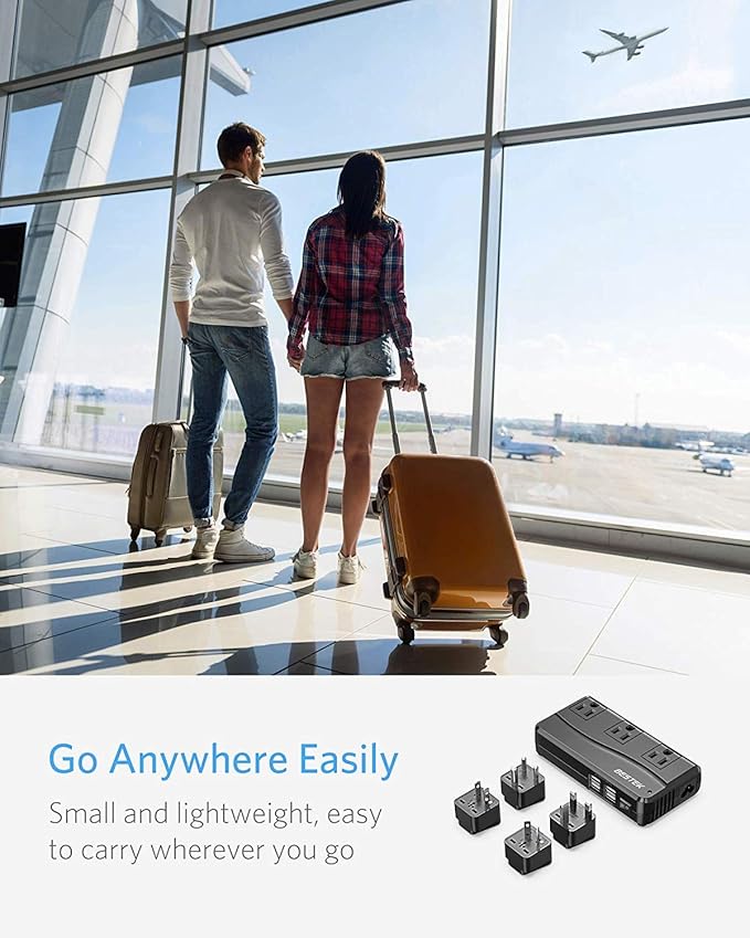 BESTEK Universal Travel Adapter 100-220V to 110V Voltage Converter 250W with 6A 4-Port USB Charging 3 AC Sockets and EU/UK/AU/US/India Worldwide Plug Adapter (Black)
