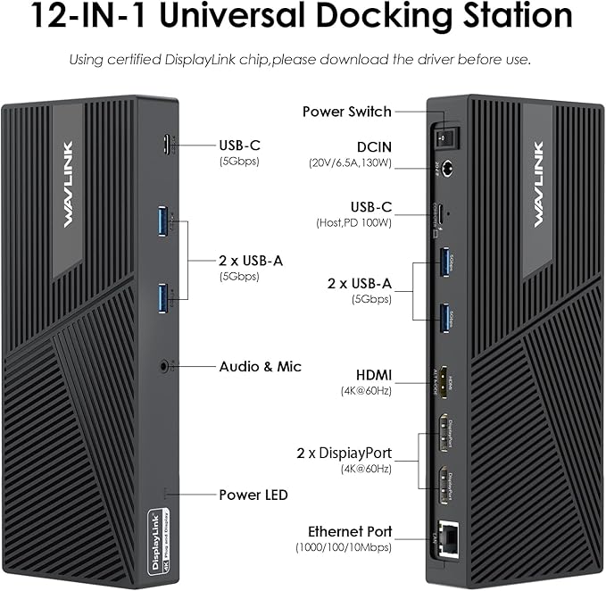 USB C Docking Station 3 Monitors with 130W Power Delivery, 12-in-1 DisplayLink Dock with Triple Monitors (2*DP, HDMI, 4*Type-A, Type-C, RJ45, Mic/Audio) for Mac Windows