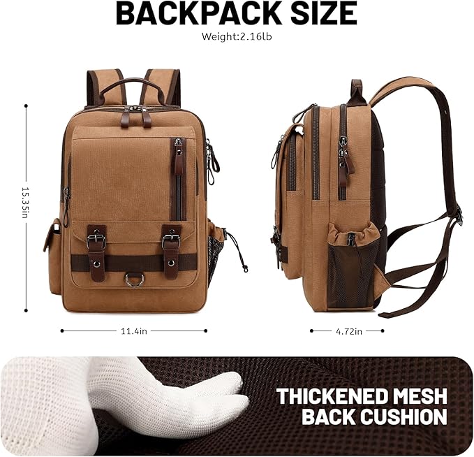 Lanola Water-resistant Canvas Backpack with Anti-Theft Pocket, Daypacks Fits 15.6 Inch Laptop for Men Perfect for Work, Travel, Daily Use (Coffee)