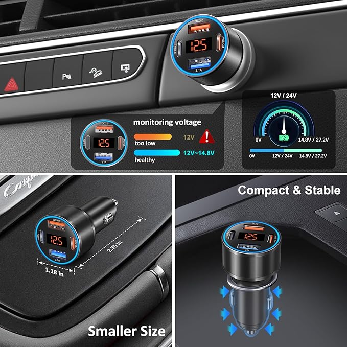 3 Pack USB C Car Charger, 4-Port 65W Dual 12V USB-A & USBC Cigarette Lighter Adapter Plug with Voltmeter PD/QC 3.0 Fast Charging Car Phone Charger for iPhone 17 16e 15 14 13 12 Pro Max, Android-Black