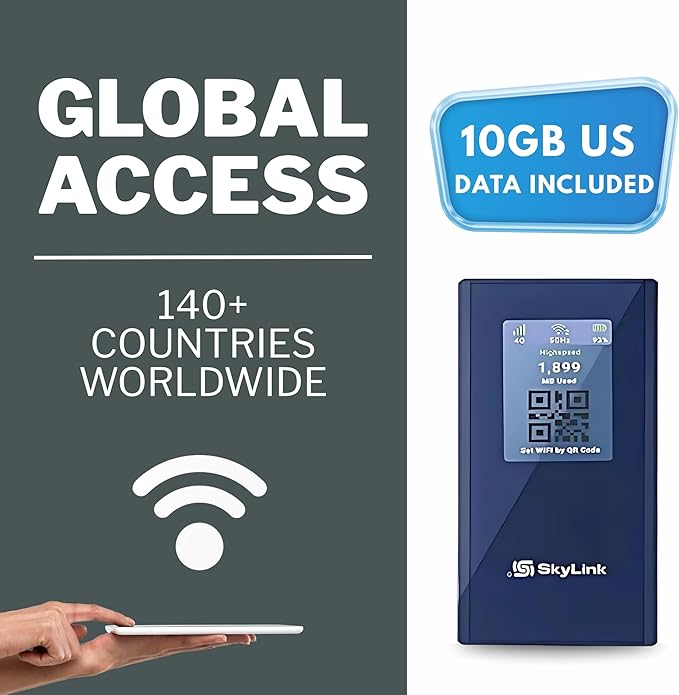 Skylink Global SLG-06 Blade 4G LTE Mobile Hotspot–Portable WiFi for Travel in 140+ Countries, No SIM Card Needed (AI Powered Global Smart Network), 10GB U.S. Data, No Contract, Connects to 16 Devices