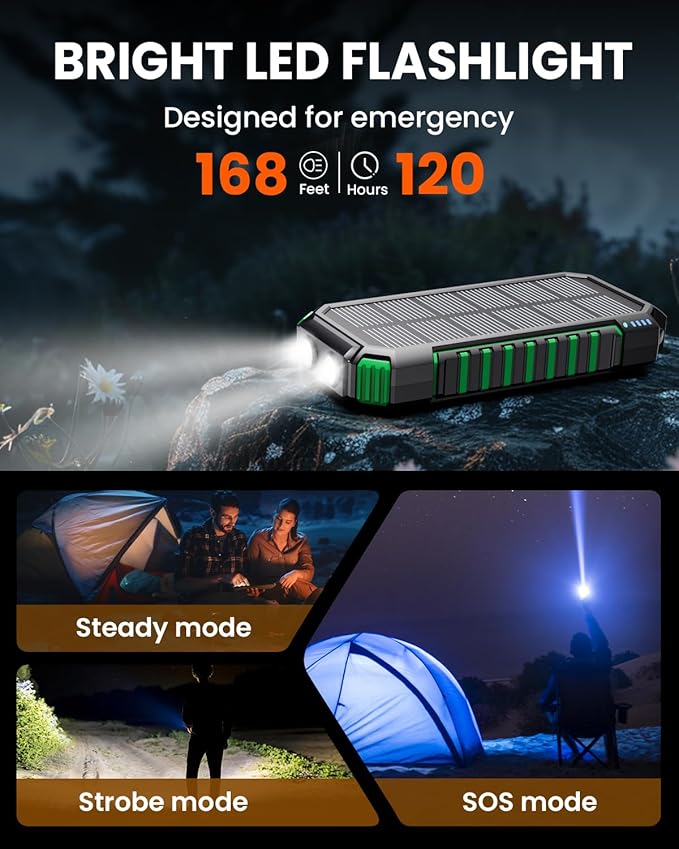 Riapow Solar Charger Power Bank - 27000mAh/99000mWh Wireless Portable Charger Built in 2 Cables - 22.5W Fast Charging Battery Bank with USB C in/Output - PD QC 3.0 Battery Pack Flashlights Outdoor