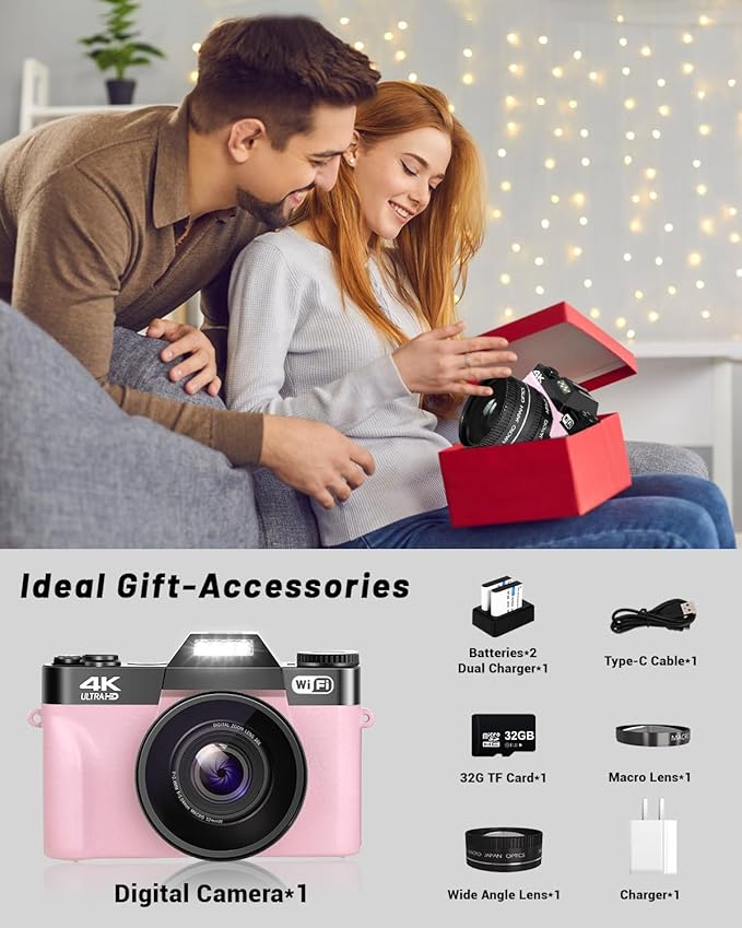 2024 Upgrade VJIANGER Digital Camera for Photography Vlogging Camera for YouTube with WiFi, 180° Flip Screen, 16X Digital Zoom, 52mm Lens, 2 Batteries, 32GB Micro SD Card(Pink)