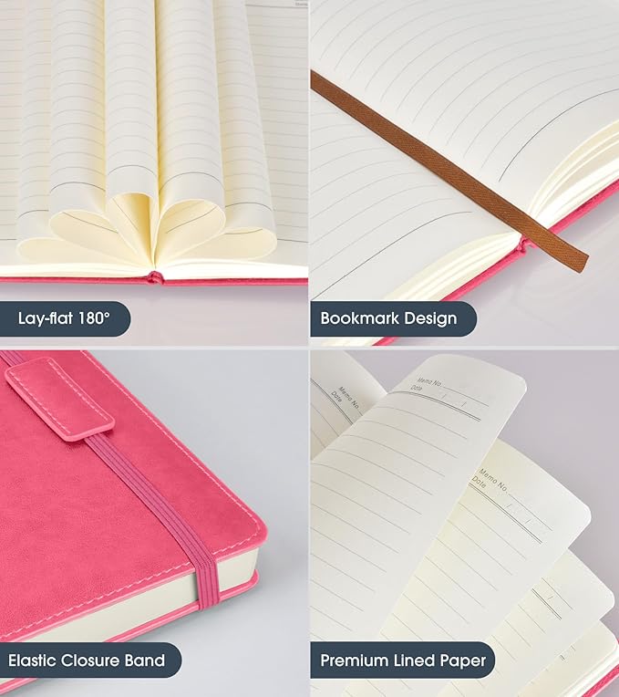Lined Journal Notebook for Women Men,256 Pages A5 Hardcover Leather Journals for Writing,Travel,Business,Work & School,College Ruled Notebooks for Note Taking,Diary Notepad 5.7"×8.3"(pink)