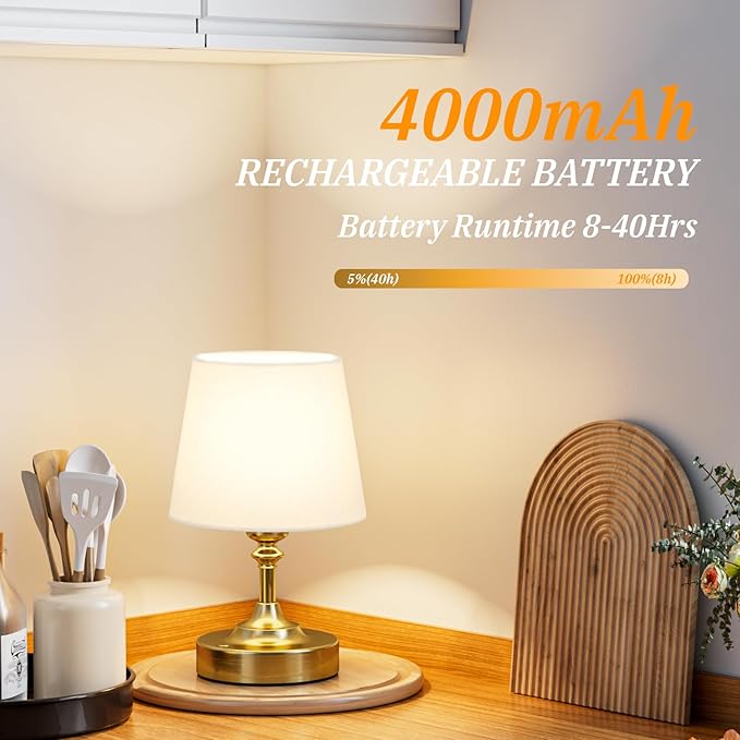 Kakanuo Mini Cordless Table Lamp Gold - 1 Pack 4000mAH Battery Operated Lamp for Decor, 3000K Stepless Dimming Touch Control Rechargeable Lamp for Bedroom, Dining Table, Counter, Living Room