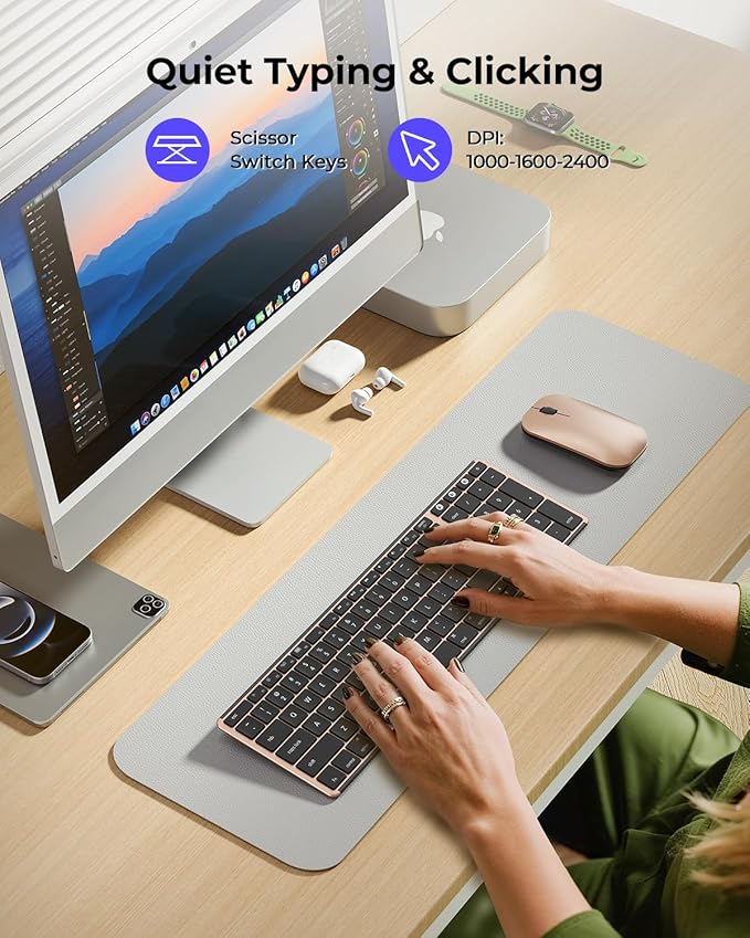 seenda Bluetooth Keyboard and Mouse for Mac, SKM64-2 Multi-Device Rechargeable Slim Wireless Keyboard Mouse Stainless Steel Full Size, Compatible with MacBook Pro/Air, iPad, Mac - Black Gold