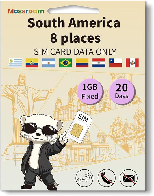 SIM Card for 8 Countries in South America– Prepaid Data Plans | 1GB Daily Data,20 Days | High-Speed Internet | Ideal for Travelers