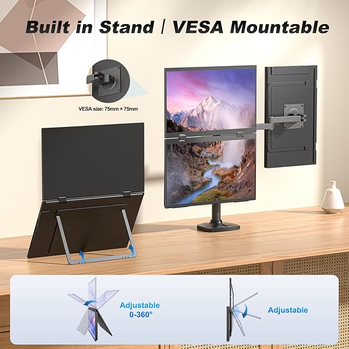 Dual Portable Monitor, 15.6" 1080P FHD IPS Folding Stacked Triple Laptop Screen Extender, USB-C Plug & Play Travel Extended Computer Display for Laptop PC Windows Mac w/Stand & VESA Mountable