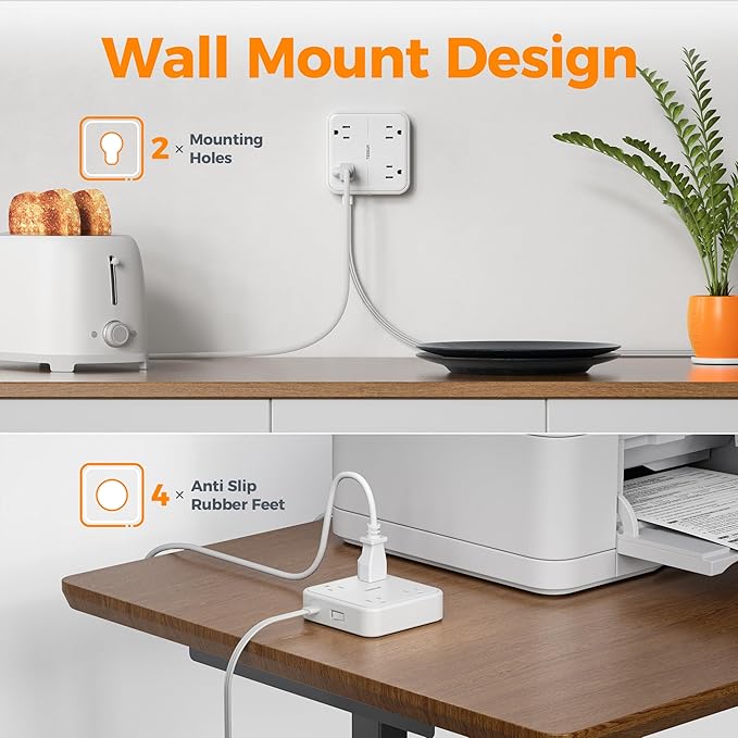 Surge Protector Flat Extension Cord 5FT, TESSAN Flat Plug Power Strip with 4 Outlets 3 USB C Ports (1 USB C), 900 Joules Protection, Multiple Wall Outlet Extender Suitable for Home Office Dorm, White