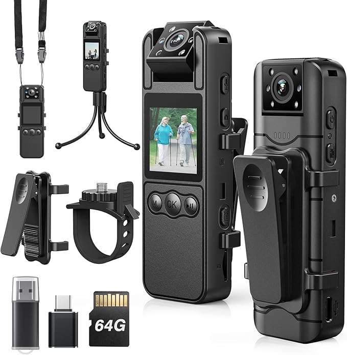 Z11 2K Body Worn Camera - 64GB Camera, 1700mAh Battery, 7 Hrs Video, 180° Rotatable Lens for Cycling, Delivering Goods, and Law Enforcement